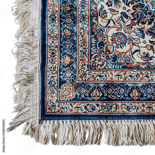 Intricate oriental rug corner showcasing detailed patterns and fringe textures closeup