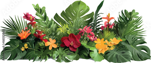 Lush tropical flower arrangement with large green leaves and vibrant exotic blooms