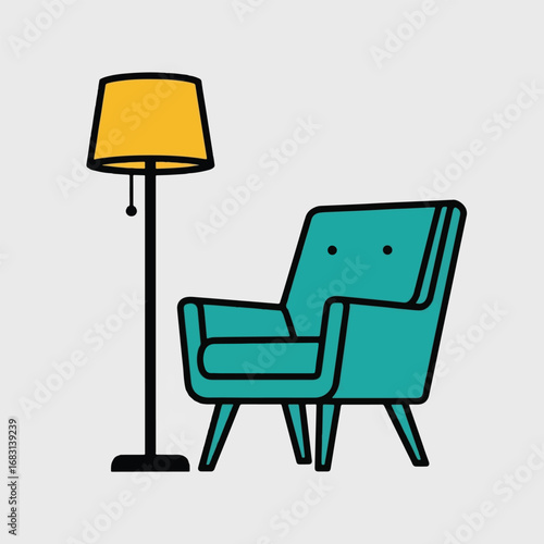 A minimalist illustration of a teal armchair next to a yellow-shaded floor lamp on a light gray background.