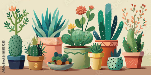 A vibrant collection of various potted succulent and cactus plants in colorful containers