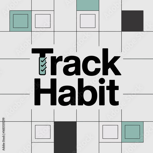 Track habit logo design featuring bold black typography with a subtle drill bit detail on the letter t set against a grid pattern background with teal and grey accents