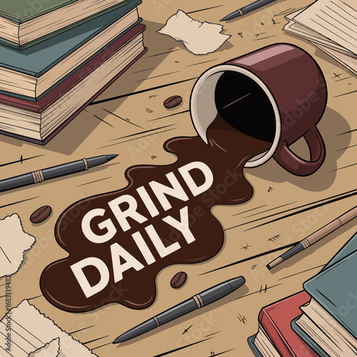 A spilled coffee mug on a wooden desk with books and pens the spilled coffee forming the words grind daily representing hard work and dedication