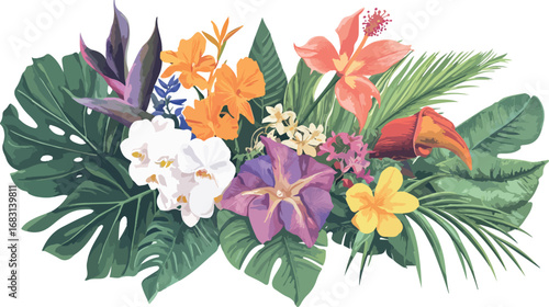 Vibrant tropical flower arrangement with large green leaves and exotic blooms on white background