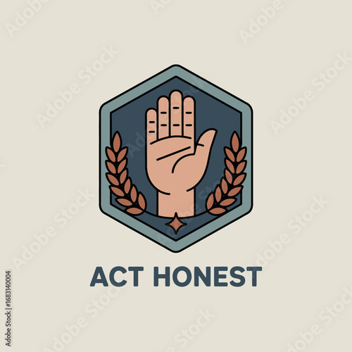 Symbol of a raised open palm hand inside a hexagonal shield with laurel branches representing honesty integrity and ethical conduct with the text act honest