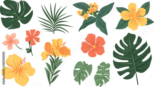 Collection of vibrant tropical flowers and lush green leaves isolated on white background