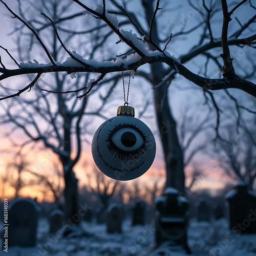 A decorative eyeball ornament hangs from a snowy tree branch in a graveyard during a winter sunset.