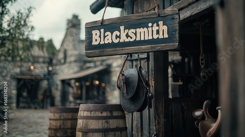 Hand-Painted Sign Reading Blacksmith at Rustic Western Town with Wooden Structure and Accessories