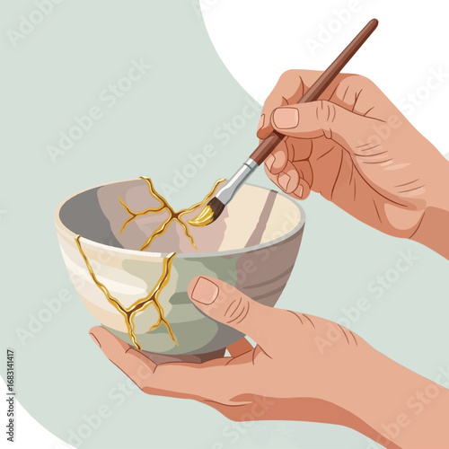 Hands carefully repairing a broken ceramic bowl with gold lacquer in the Japanese art of Kintsugi.