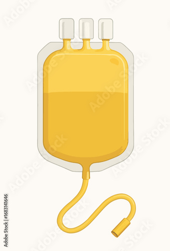 A detailed medical illustration of a yellow plasma bag used for transfusions, drawn on a clean white background, representing healthcare, medicine, blood donation, and hospital treatment.
