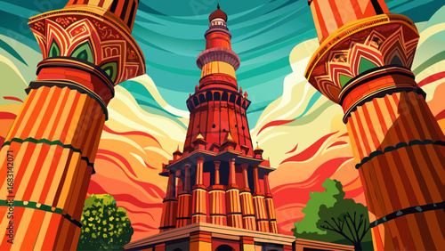 Qutb Minar in Delhi, India rises gracefully with detailed carvings, red sandstone pillars, and historic inscriptions, a striking medieval minaret symbolizing victory, heritage, and architectural maste