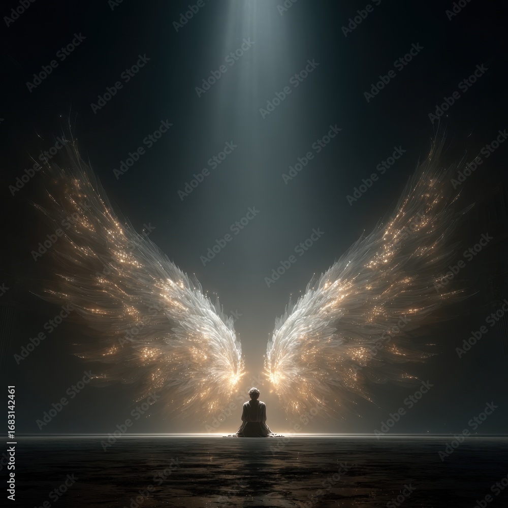 Fototapeta premium Man with Angel Wings Glowing in Light, illustration, fantasy art