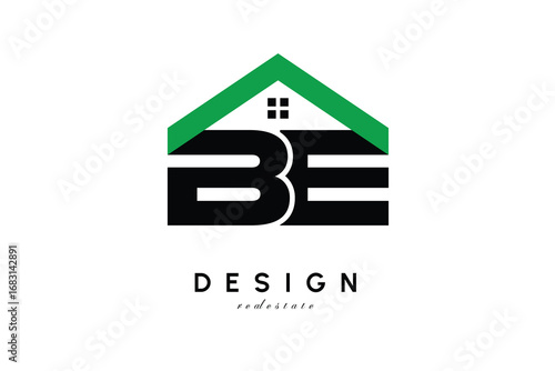 BE Letter Logo – Green Roof House Monogram for Real Estate & Home Branding