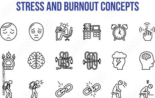 Minimal Bold Line Stress and Burnout Icon Set – Modern Vector Symbols of Mental Health, Pressure, and Exhaustion Concepts