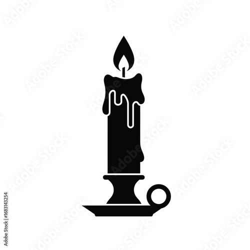 Black silhouette of dripping candle in holder flame