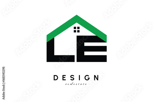 LE Letter Logo – Green Roof House Monogram for Real Estate & Home Branding