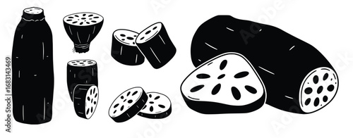 Vector illustration of lotus root vegetables food ingredient healthy eating asian cuisine silhouette