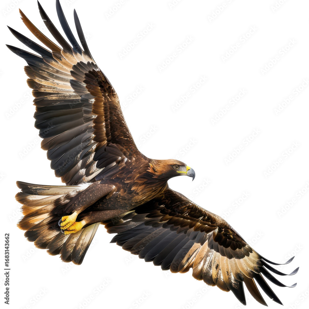 Obraz premium Majestic golden eagle soars powerfully through the air with wings fully extended