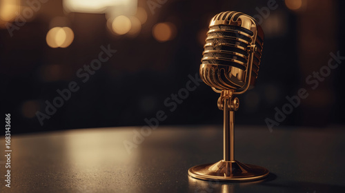 a cinematic close-up photography of a shiny golden microphone with intricate details and a slender stand, resting on a sleek surface, symbolizing fame and power, with the microphone's grille and metal