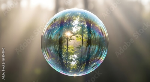 Floating bubble reflecting sunlight through trees in a serene forest