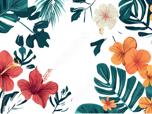 Vibrant tropical floral arrangement with red and orange hibiscus flowers and lush green foliage