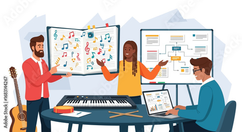 A diverse team collaborates on a creative music project, combining musical notes, a keyboard, and a technical flowchart.