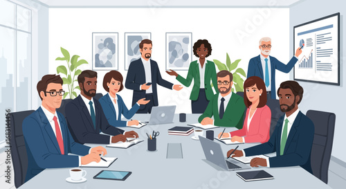 A diverse group of professionals engaged in a lively business meeting, presenting information and collaborating around a conference table in a modern office setting.