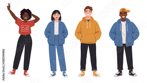 Diverse Group of Young Adults in Casual Fashion - Illustration