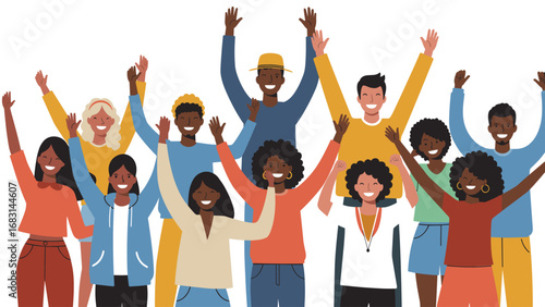 Diverse Group of Happy People Celebrating Success with Raised Arms