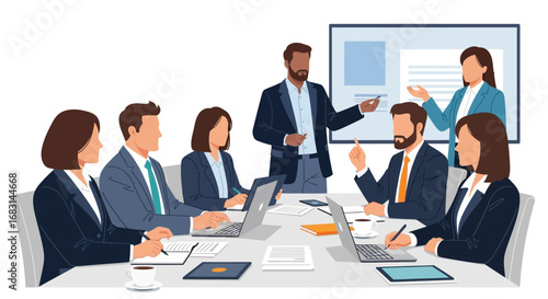 Business professionals in a meeting, discussing ideas and strategies around a presentation.