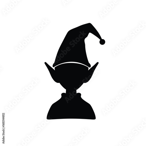 Elf silhouette wearing pointy hat black white