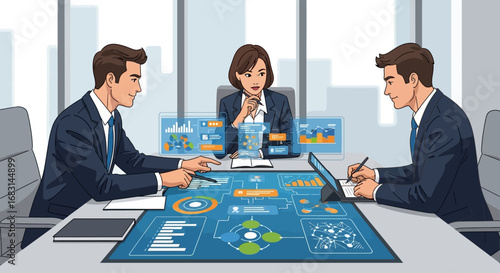 Professionals using an advanced interactive table to review business data and analytics in a modern office meeting.
