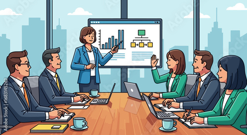 A female presenter leads a business meeting, explaining a chart and organizational diagram on a large screen to a group of attentive colleagues seated around a conference table.
