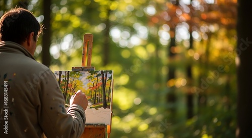 Man paints autumn woodland landscape with oil paints on canvas outside