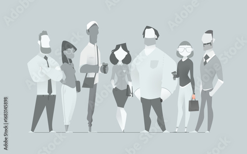 Vector cartoon business characters in grayscale placeholder style. Diverse faceless people with glasses and hairstyles, perfect for your web, app, or print design.