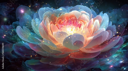 Fantasy galaxy shaped flower glowing stars and cosmic colors surreal sci fi art