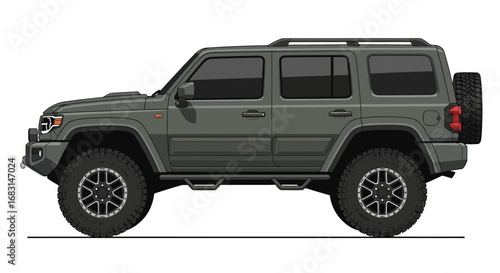 Detailed Illustration of an Off-Road Vehicle with Spare Tire Attachment