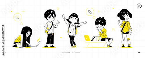Anime school characters set. Boys and girls in different poses: sitting with laptop, showing thumbs up, joyful pose, thinking on bench, making peace sign. Linear art with black and yellow accents.