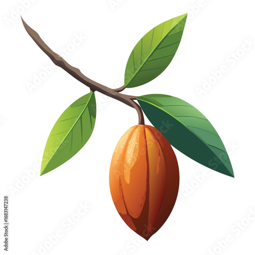 Single ripe orange cacao pod hanging from a branch with green leaves