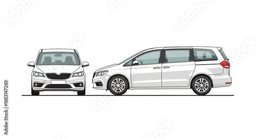 Illustration of a White Minivan from Front and Side Perspective