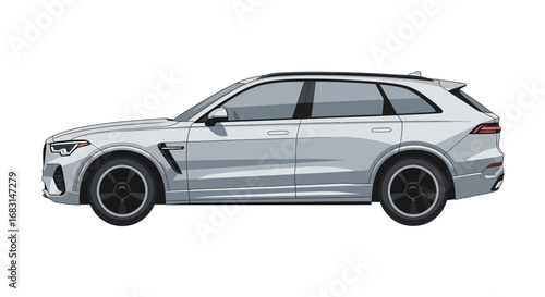 Illustration of a sleek silver suv, with stylish black rims side view