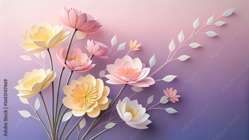 Fototapeta premium Pastel Paper Flowers on Purple Gradient Background.