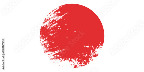 Japanese flag symbol of rising sun. Red circle in grunge style on white background.
