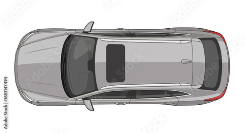 Overhead perspective highlighting the streamlined silhouette of a silver car