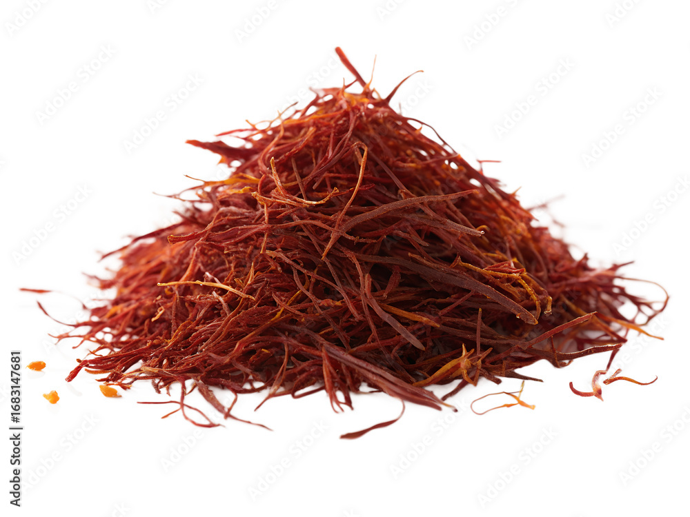 Fototapeta premium A Pile of Dried Saffron Threads on a White Background