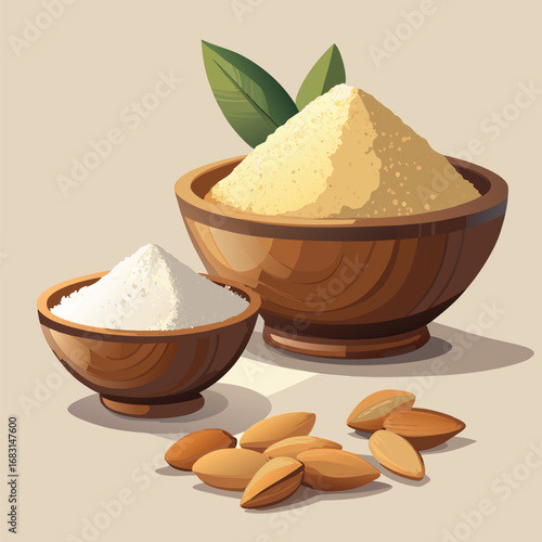 Two wooden bowls filled with almond flour and powdered sugar with almonds scattered around