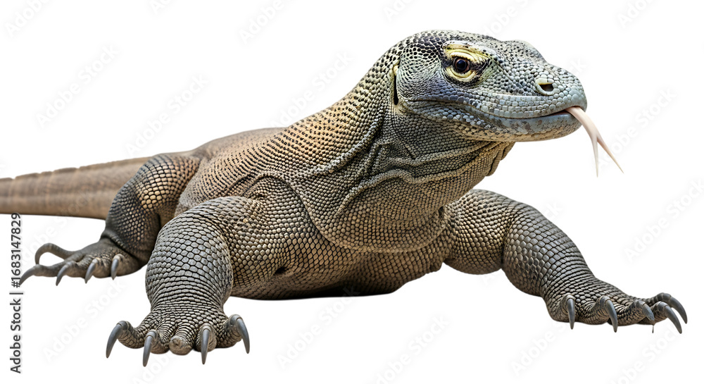 Obraz premium Majestic Komodo Dragon Reptile Showing Tongue and Claws Isolated on Transparent Background Wildlife Photography