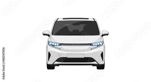 Sleek white electric car front view with modern headlight design