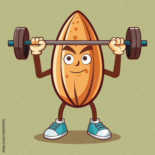 Cartoon almond character lifting weights for fitness and health