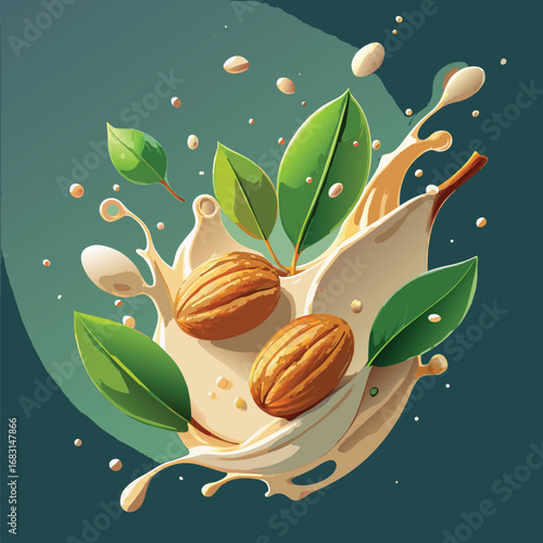 Creamy almond milk splash with fresh green leaves and nuts