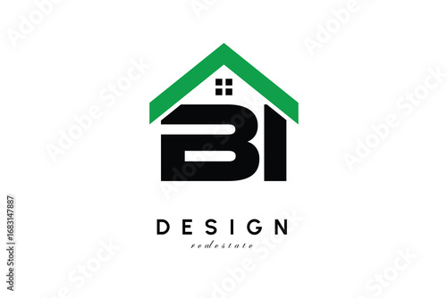 BI Letter Logo – Green Roof House Monogram for Real Estate & Home Branding
